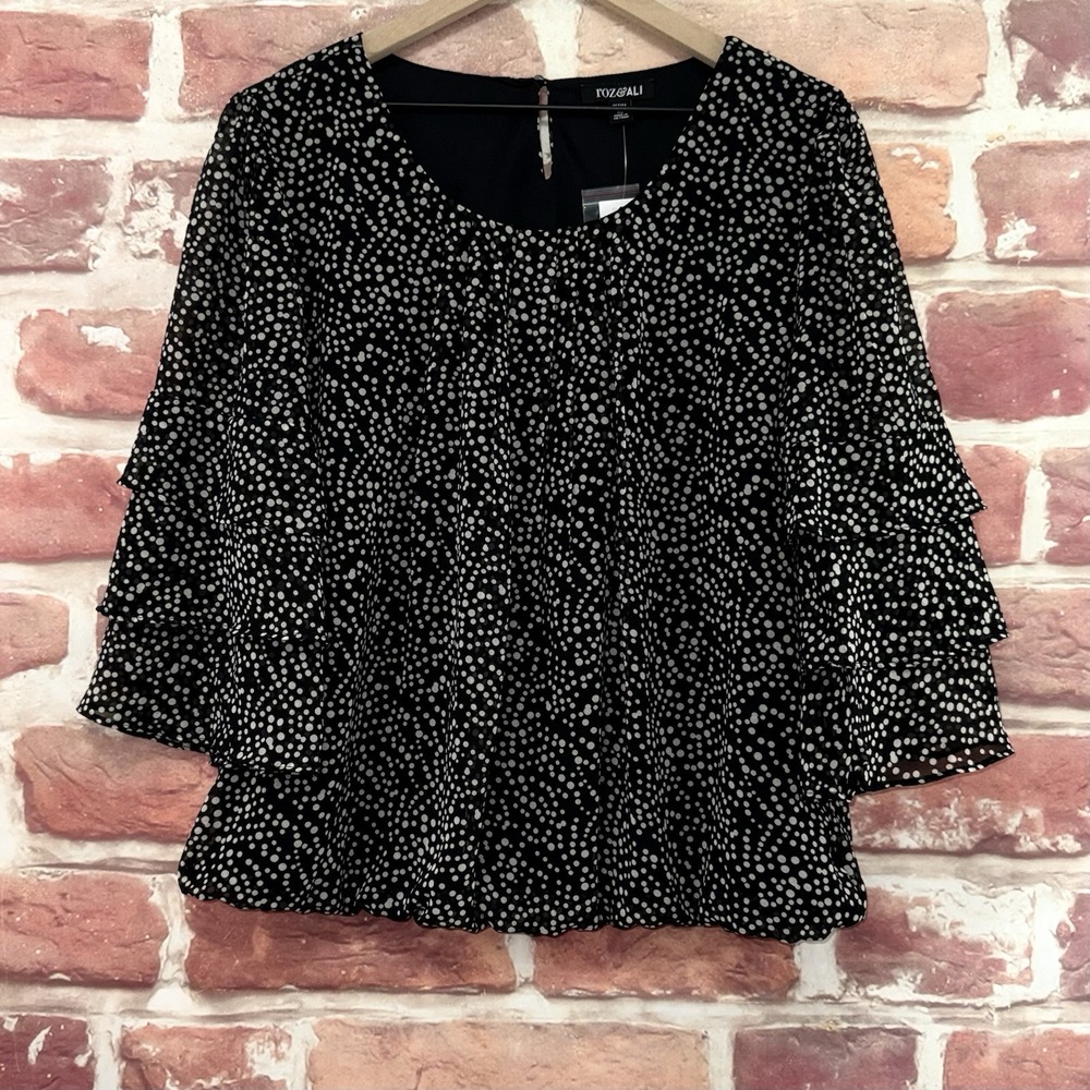 Roz & Ali Top Women's XL Petite Black White Micro Polka Dot Tiered Sleeve Shirt
